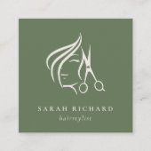 ミニマルヘアスタイリスト薄暗い苔の緑の髪のハサミ スクエア名刺 (正面)