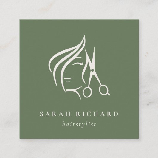 ミニマルヘアスタイリスト薄暗い苔の緑の髪のハサミ スクエア名刺 (正面)