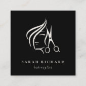 ミニマルヘアスタイリスト黒髪と白髪のシザー スクエア名刺 (正面)