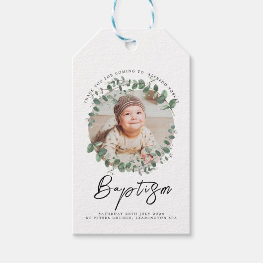 ミニマルベビーバプテスマ招待状と写真 ギフトタグ (正面)