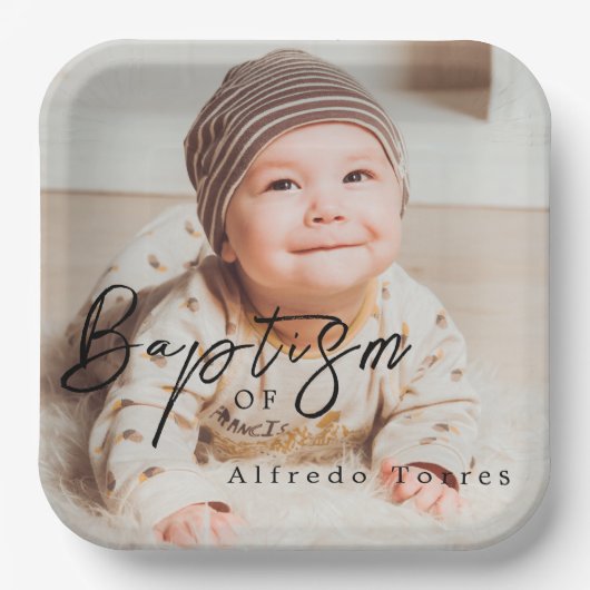 ミニマルベビーバプテスマ招待状と写真 ペーパープレート (正面)