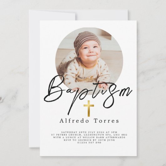 ミニマルベビーバプテスマ招待状と写真 招待状 (正面)
