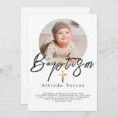 ミニマルベビーバプテスマ招待状と写真 招待状 (正面/裏面)