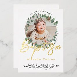 ミニマルベビーバプテスマ招待状と写真 箔招待状