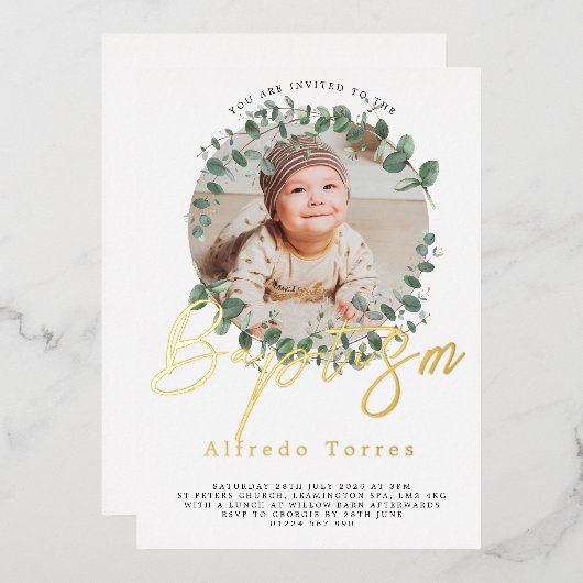 ミニマルベビーバプテスマ招待状と写真 箔招待状 (正面/裏面)