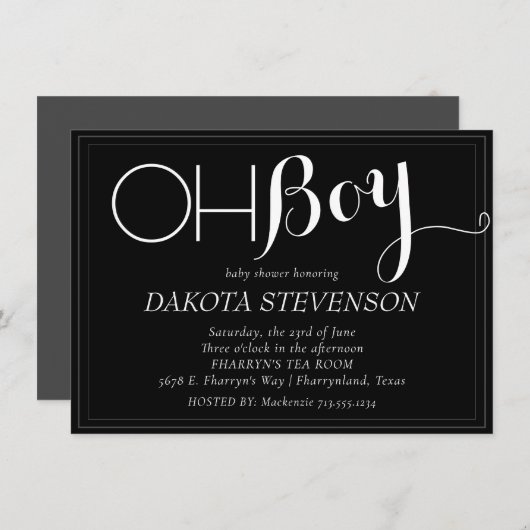 ミニマルベビー |黒と灰色のOhボーイシャワー 招待状 (正面/裏面)