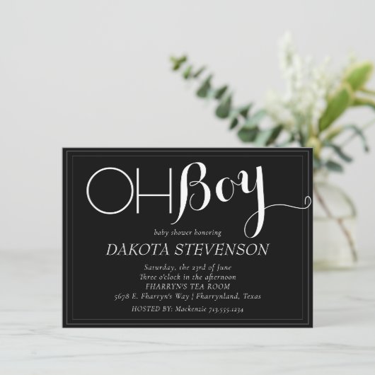 ミニマルベビー |黒と灰色のOhボーイシャワー 招待状 (スタンド正面)