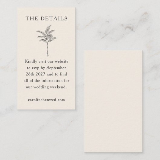 ミニマルベージュ色パームツリーラインアートエレガントな結婚式 エンクロージャーカード (正面/裏面)
