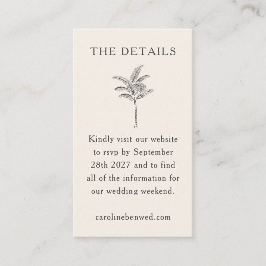 ミニマルベージュ色パームツリーラインアートエレガントな結婚式 エンクロージャーカード (正面)