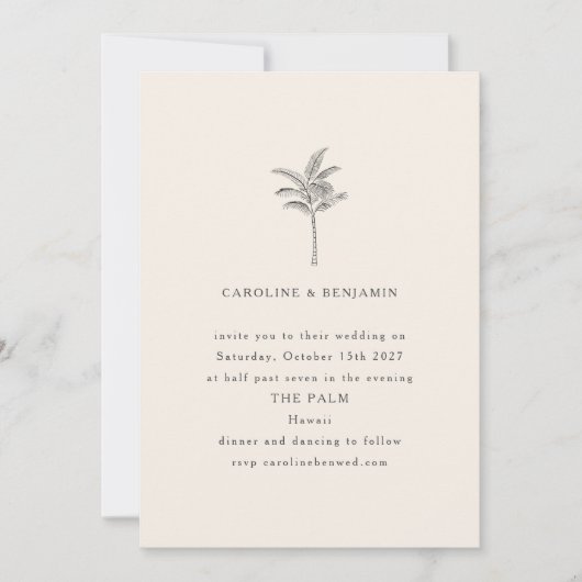 ミニマルベージュ色パームツリーラインアートエレガントな結婚式 招待状 (正面)