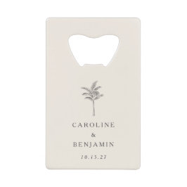 ミニマルベージュ色パームツリーラインアートカスタムウェディング クレジットカード栓抜き