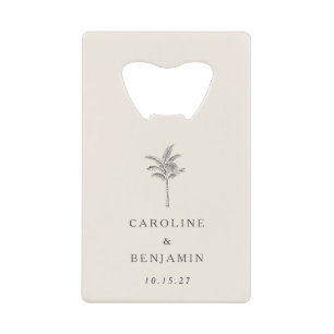 ミニマルベージュ色パームツリーラインアートカスタムウェディング クレジットカード栓抜き