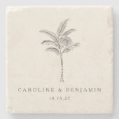 ミニマルベージュ色パームツリーラインアートカスタムウェディング ストーンコースター (正面)