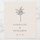 ミニマルベージュ色パームツリーラインアートカスタムウェディング ワインラベル (シングルラベル)