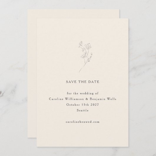 ミニマルベージュ色フローララインアートエレガントな結婚式 セーブザデート (正面/裏面)