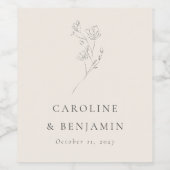 ミニマルベージュ色フローララインア結婚ートのカスタム ワインラベル (シングルラベル)