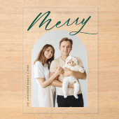 ミニマルメリーリストグリーンスクリプトアーチフォトホリデー アクリル招待状 (正面)