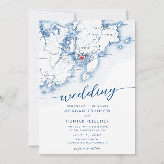 ミニマルモダンなグロスター MA 地図 ウェディング 招待状 (正面)