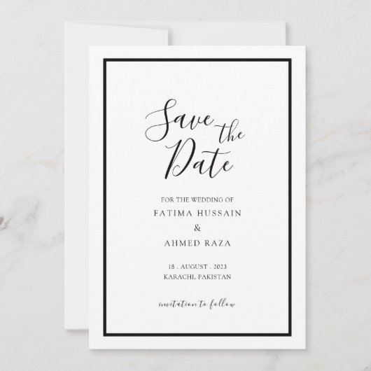 ミニマルモダンな白いムスリムの結婚式のSave The Date セーブザデート (正面)