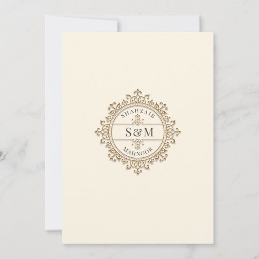 ミニマルモダンアイボリーイスラム結婚ズモノグラム 招待状 (裏面)