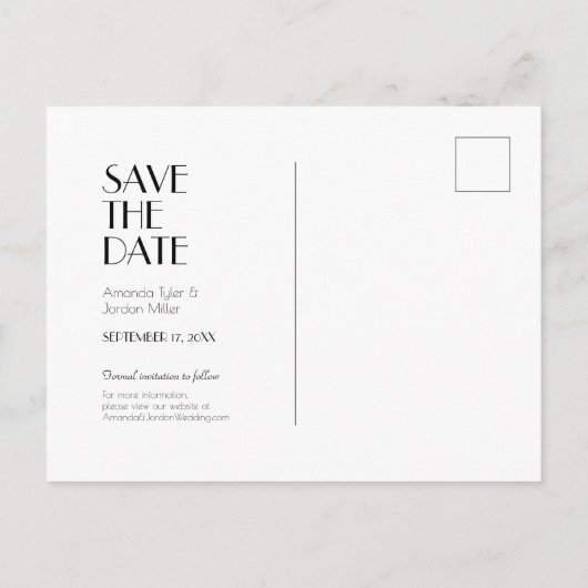 ミニマルモダンアールデコ結婚式の日付を保存 案内ポストカード (裏面)