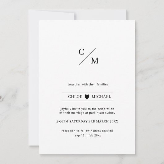 ミニマルモダンイニシャル愛ハート結婚の 招待状 (正面)