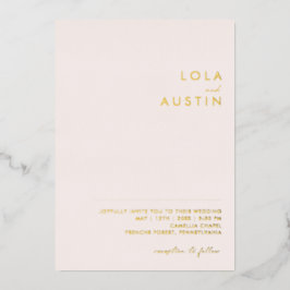 ミニマルモダンカジュアル赤面と金ゴールド結婚の実在融合 箔招待状