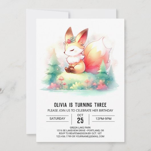 ミニマルモダンキツネ誕生日デジタル 招待状 (正面)