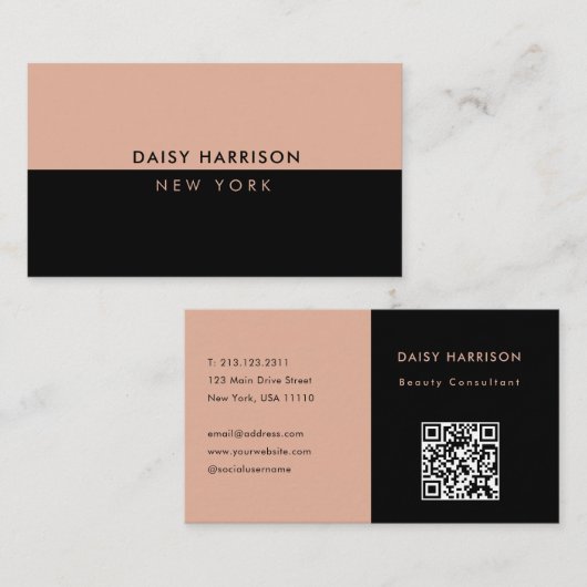 ミニマルモダンシンプルQRコードブラック&ピンク 名刺 (正面/裏面)
