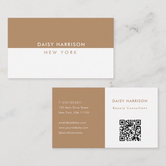 ミニマルモダンシンプルQRコード白と茶色 名刺 (正面/裏面)