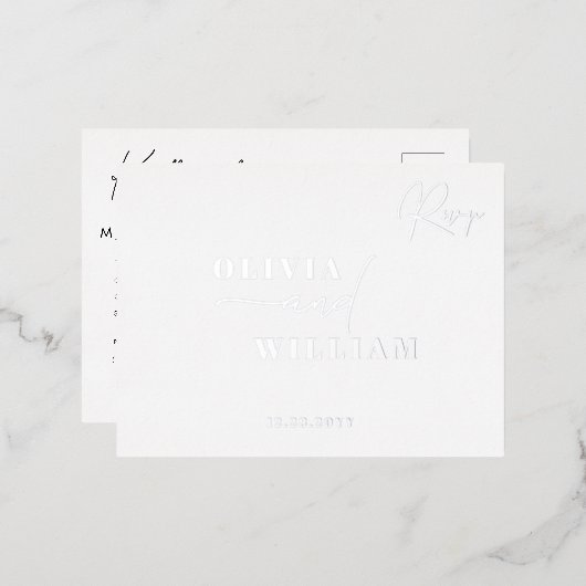 ミニマルモダンスエレガントホワイトシルバーRSVP 箔招待状ポストカード (正面/裏面)