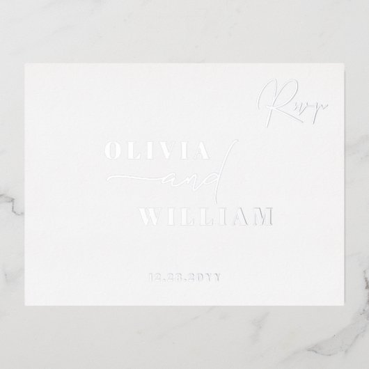 ミニマルモダンスエレガントホワイトシルバーRSVP 箔招待状ポストカード (正面)