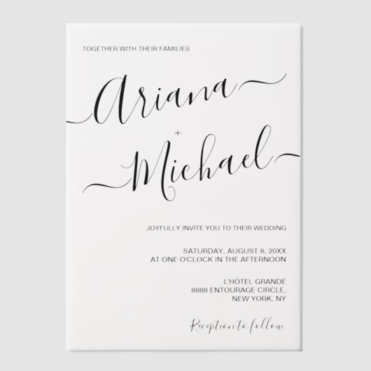 ミニマルモダンスクリプトネーム ウェディングオーバーレイ ベラム紙招待状 (正面)