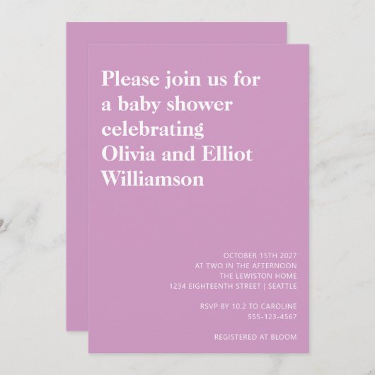 ミニマルモダンスシンプルかわいい赤ちゃんシャワーパープル 招待状 (正面/裏面)