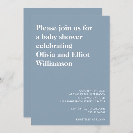 ミニマルモダンスシンプルベビーシャワーダスティブルー 招待状 (正面/裏面)