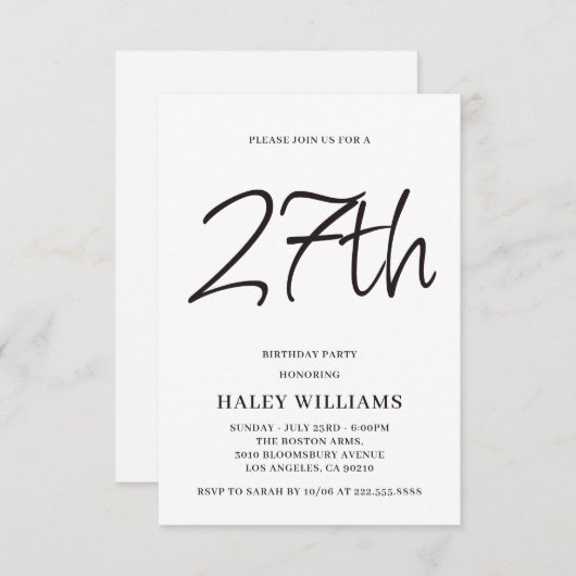 ミニマルモダンスシンプル書道27誕生日 招待状 (正面/裏面)