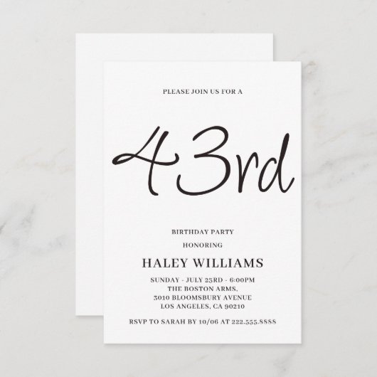 ミニマルモダンスシンプル書道43誕生日 招待状 (正面/裏面)