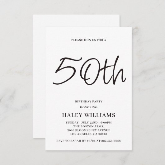 ミニマルモダンスシンプル書道50誕生日 招待状 (正面/裏面)