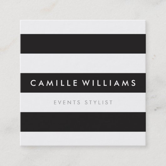 ミニマルモダンストライプ型はっきりした白黒 スクエア名刺 (正面)