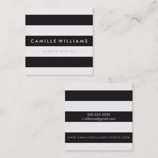 ミニマルモダンストライプ型はっきりした白黒 スクエア名刺 (正面/裏面)