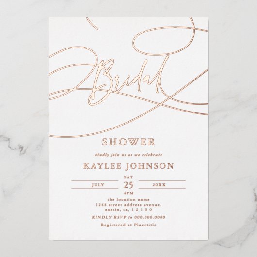 ミニマルモダンスファンシースクリプト「ブライダル」シャワー 箔招待状 (正面)