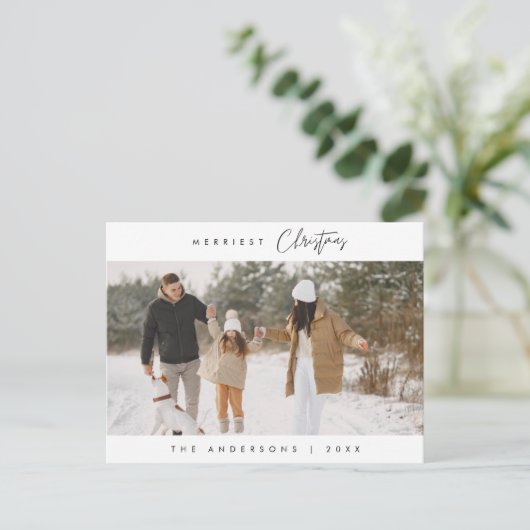 ミニマルモダンスメリーのクリスマス家族の写真 シーズンポストカード (スタンド正面)
