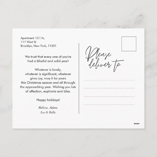 ミニマルモダンスメリーのクリスマス家族の写真 シーズンポストカード (裏面)