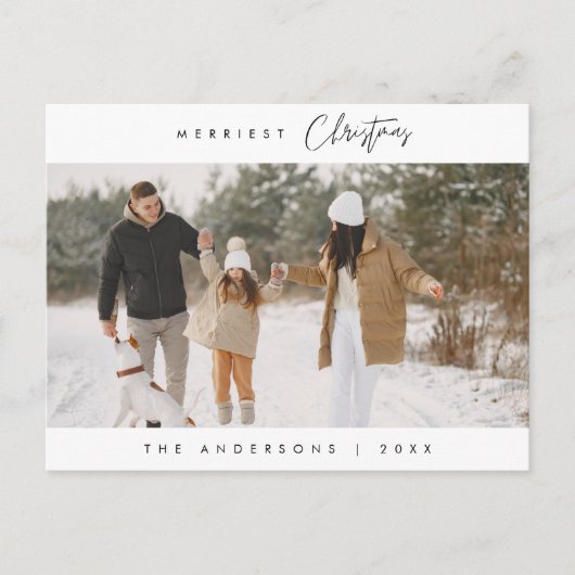 ミニマルモダンスメリーのクリスマス家族の写真 シーズンポストカード (正面)