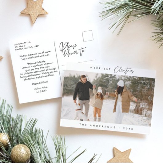 ミニマルモダンスメリーのクリスマス家族の写真 シーズンポストカード