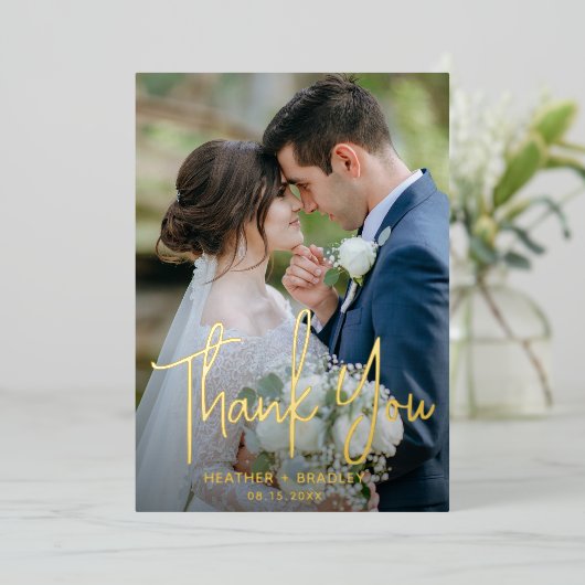 ミニマルモダンス写真結婚のサンキューカード 箔招待状 (立ち正面)