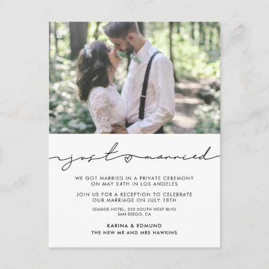 ミニマルモダンス手書きたった今結婚しました ポストカード (正面)