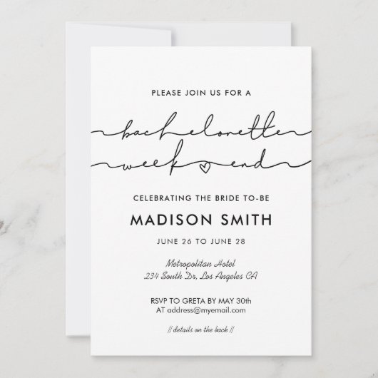 ミニマルモダンス手書きバチェロレッテ週末 招待状 (正面)