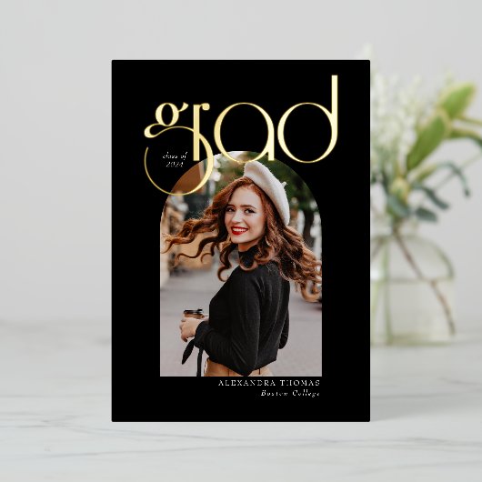 ミニマルモダンスArchシンプル5写真卒業 箔招待状 (立ち正面)