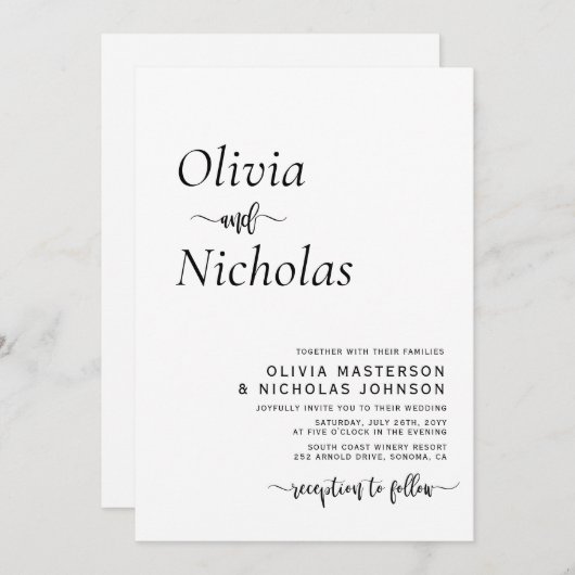 ミニマルモダンタイポグラフィスクリプ結婚ト 招待状 (正面/裏面)